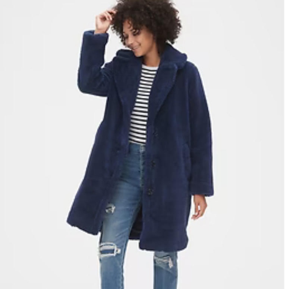 GAP Navy Faux Fur Long Coat